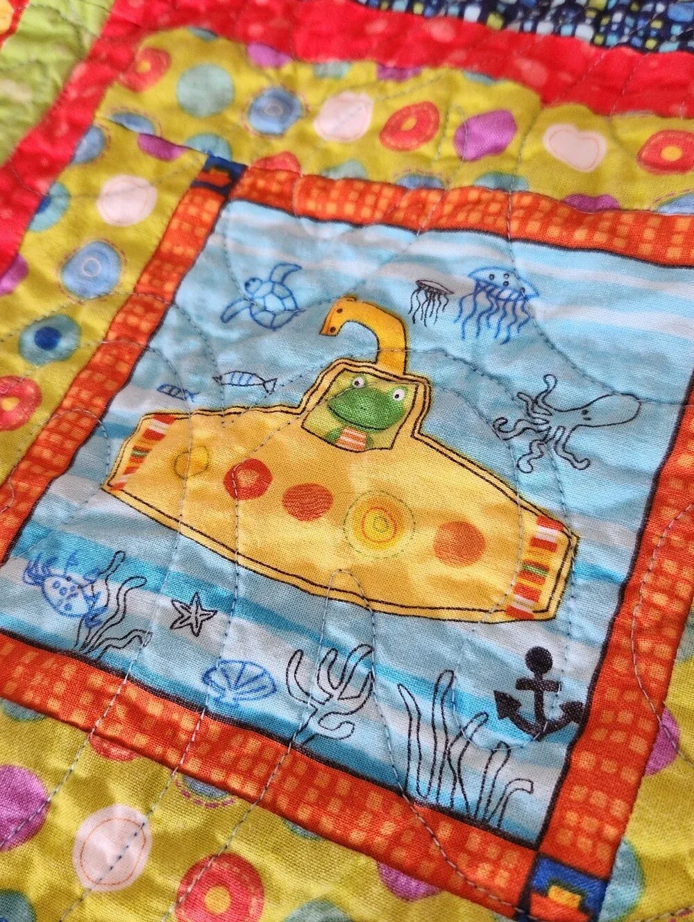 HANDMADE Patchwork Quilt Twin Yellow Kids Cotton Bedding Fish Sail Boat 40 x 70